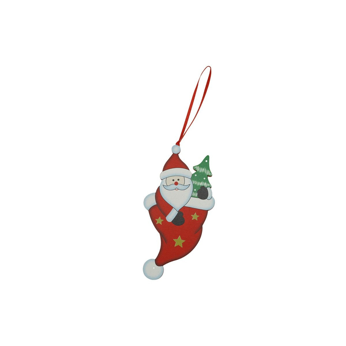 Decoratiune Brad Om De Zapada In Ciorap, Ornament De Craciun Suspendabil, Lemn, Rosu, 14 cm
