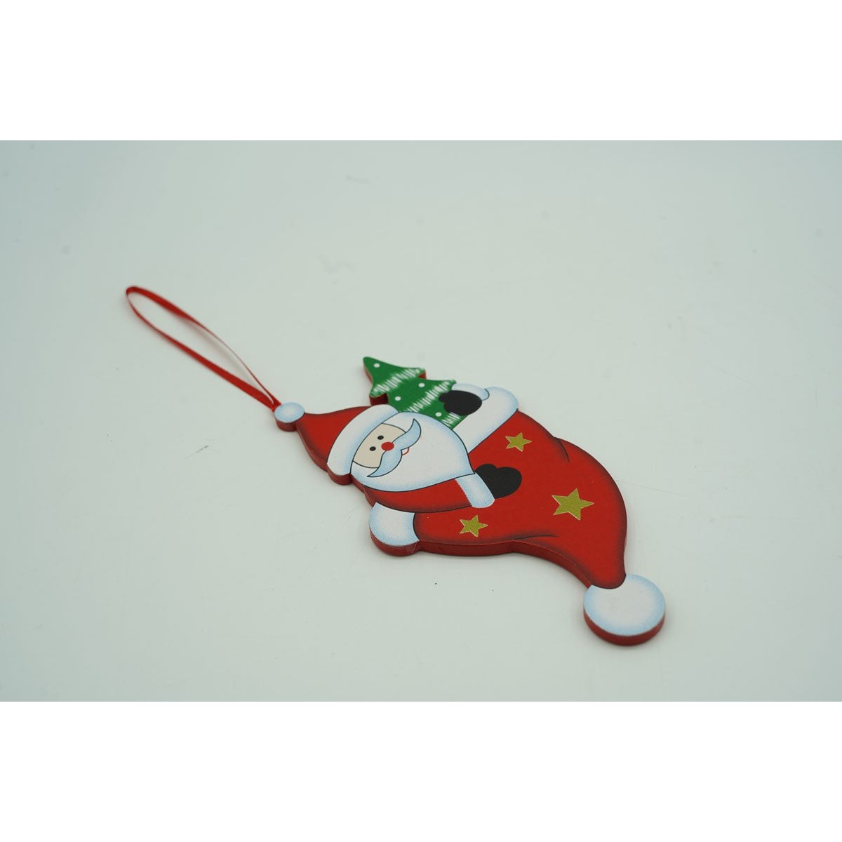 Decoratiune Brad Om De Zapada In Ciorap, Ornament De Craciun Suspendabil, Lemn, Rosu, 14 cm