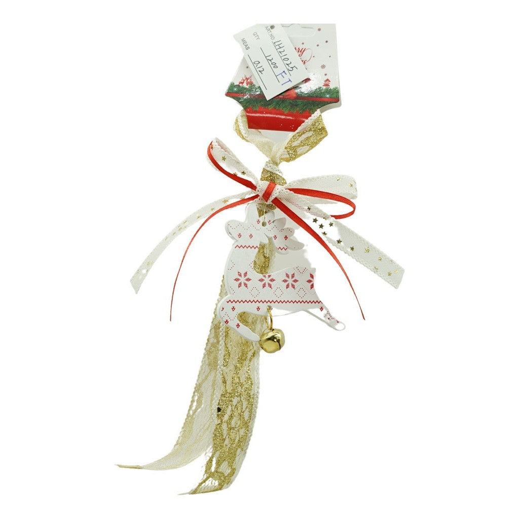 Ornament Brad Craciun Model Ren cu Clopotel, Decoratiune de Craciun Traditionala, Lemn si Textil, Alb, 25 cm