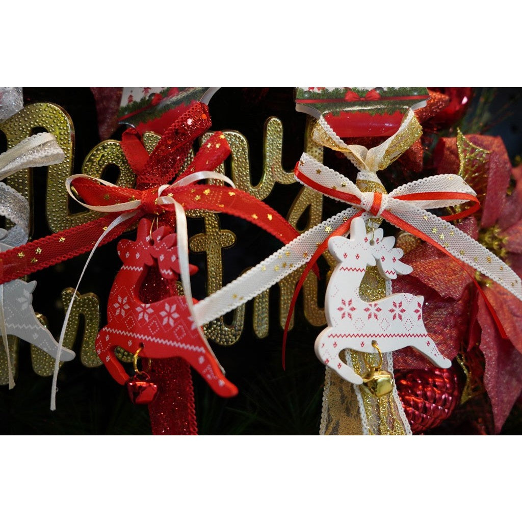 Ornament Brad Craciun Model Ren cu Clopotel, Decoratiune de Craciun Traditionala, Lemn si Textil, Alb, 25 cm