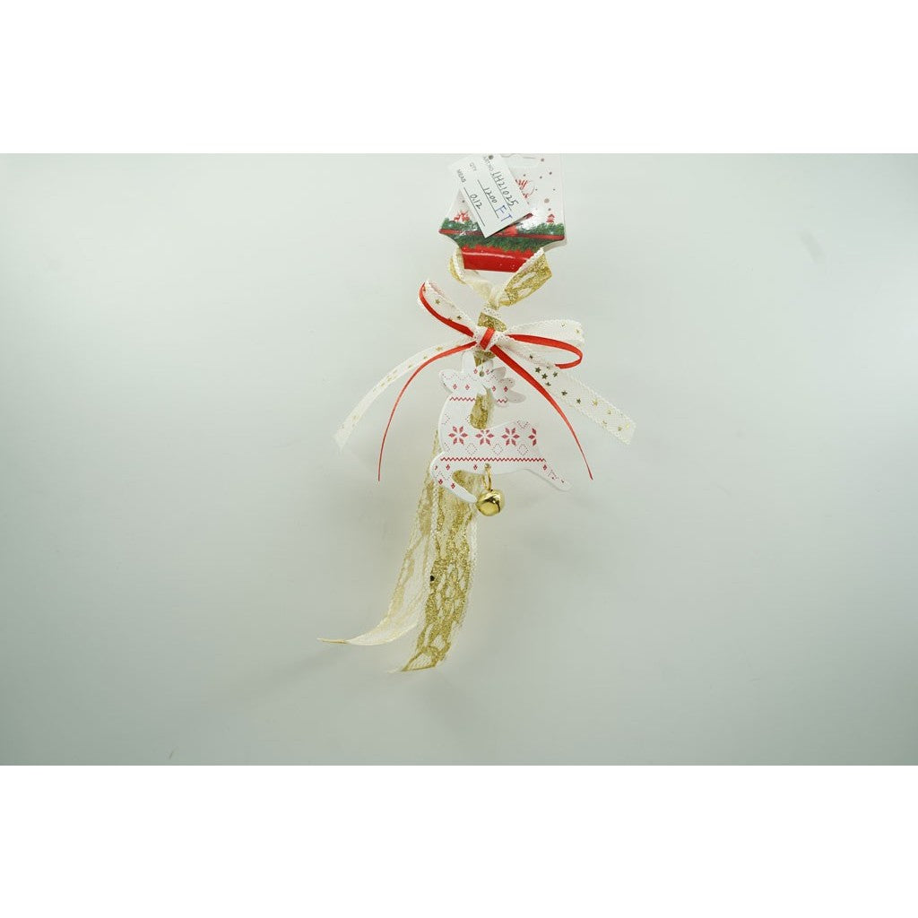 Ornament Brad Craciun Model Ren cu Clopotel, Decoratiune de Craciun Traditionala, Lemn si Textil, Alb, 25 cm