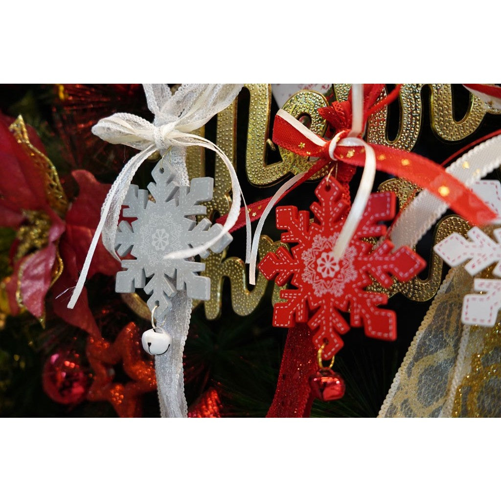 Ornament De Brad Fulg De Nea, Decoratiune Craciun Cu Funda Si Clopotel, Lemn Si Material Textil, Gri/Rosu, 25 cm