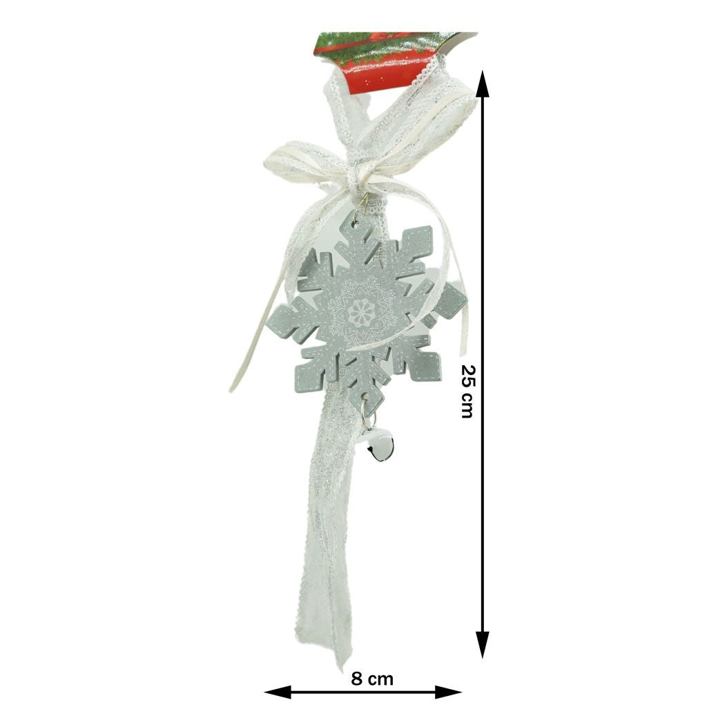 Ornament De Brad Fulg De Nea, Decoratiune Craciun Cu Funda Si Clopotel, Lemn Si Material Textil, Gri/Rosu, 25 cm