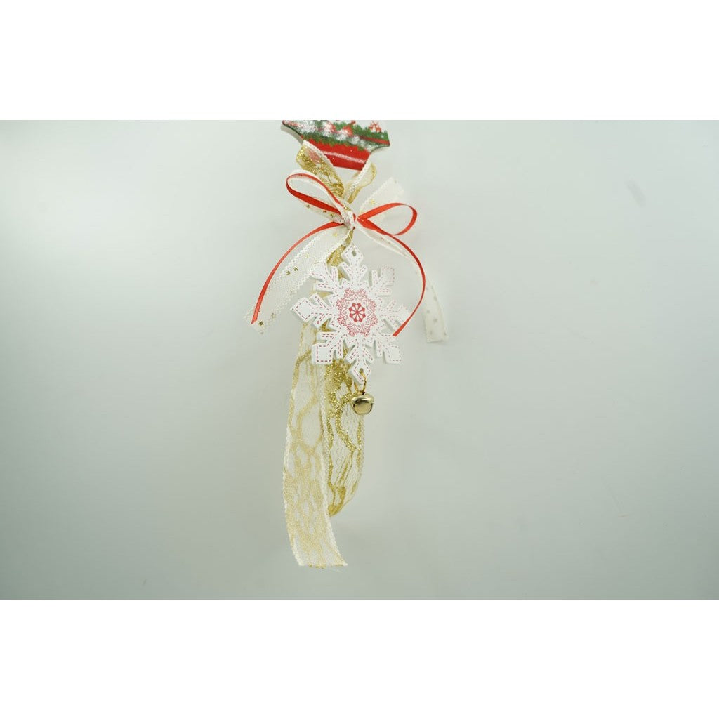 Decoratiune Brad Fulg de Nea, Ornament Craciun cu Funda Textila si Clopotel, Lemn, Alb, 8 cm (25 cm cu Agatatoare)