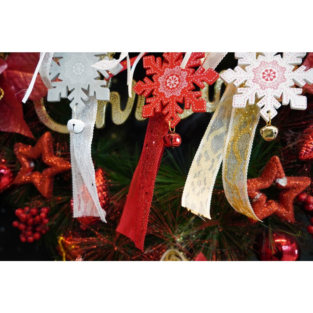 Decoratiune Brad Fulg de Nea, Ornament Craciun cu Funda Textila si Clopotel, Lemn, Alb, 8 cm (25 cm cu Agatatoare)