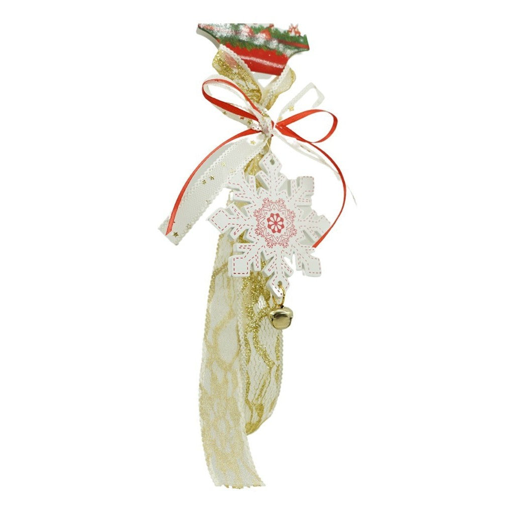 Decoratiune Brad Fulg de Nea, Ornament Craciun cu Funda Textila si Clopotel, Lemn, Alb, 8 cm (25 cm cu Agatatoare)