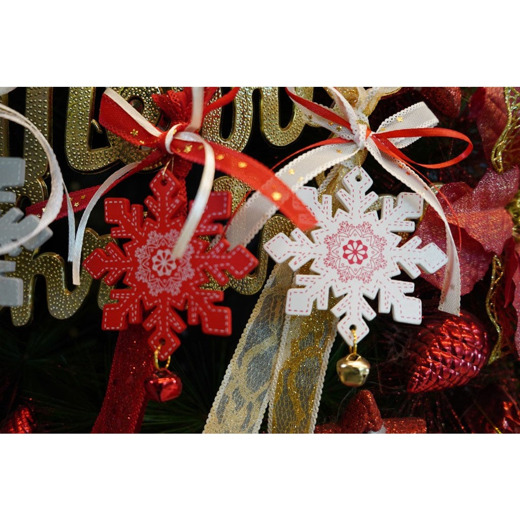 Decoratiune Craciun Fulg De Nea, Ornament Brad Cu Clopotel Si Funda Textila, Lemn, 25 cm, Rosu