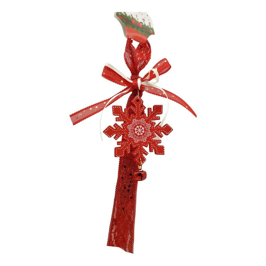 Decoratiune Craciun Fulg De Nea, Ornament Brad Cu Clopotel Si Funda Textila, Lemn, 25 cm, Rosu