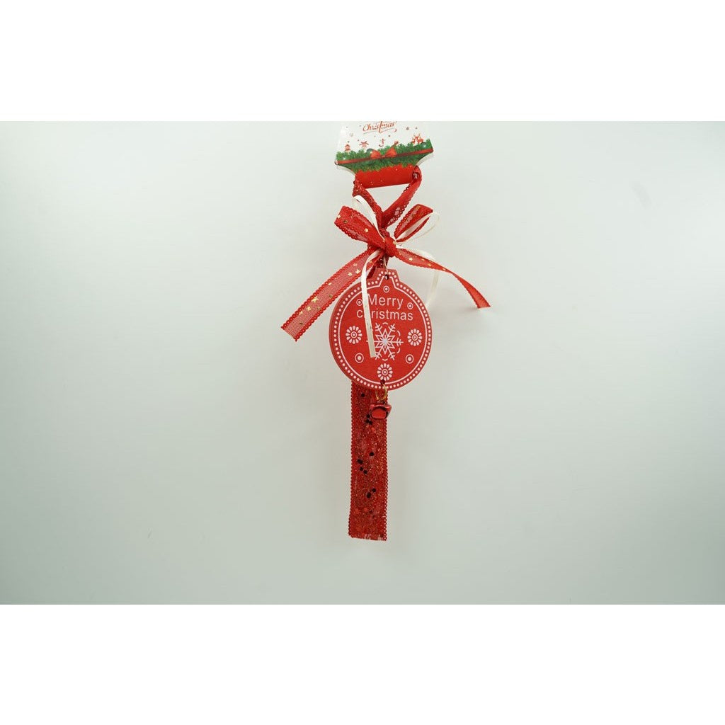 Ornament Brad Craciun Tip Medalion, Decoratiune Suspendata cu Funda Textila si Clopotel, Lemn, Rosu, 25 cm