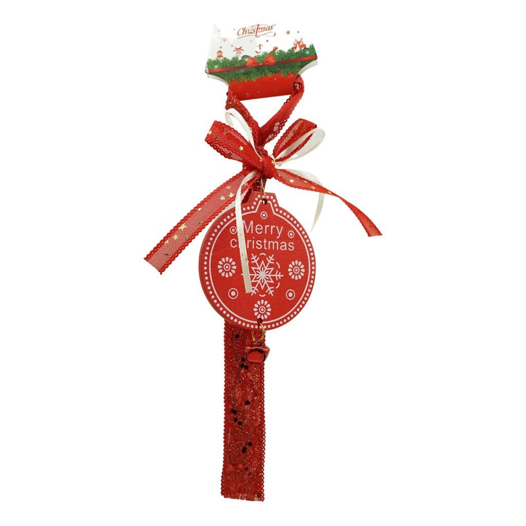 Ornament Brad Craciun Tip Medalion, Decoratiune Suspendata cu Funda Textila si Clopotel, Lemn, Rosu, 25 cm