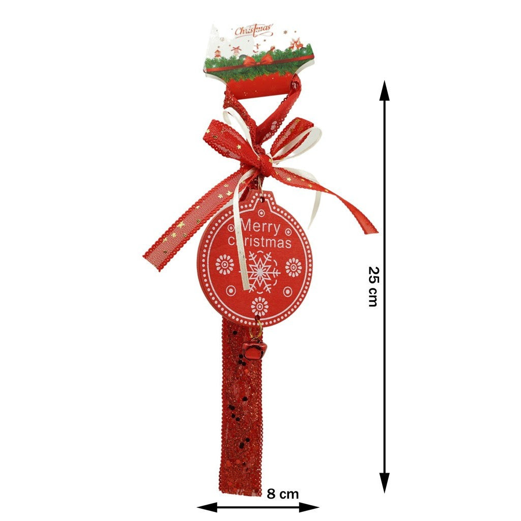 Ornament Brad Craciun Tip Medalion, Decoratiune Suspendata cu Funda Textila si Clopotel, Lemn, Rosu, 25 cm