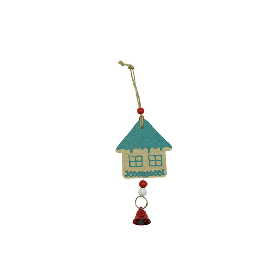 Ornament de Brad Casuta, Decoratiune de Craciun Suspendata cu Agatatoare, Lemn Natural, 18 x 9 cm, Multicolor