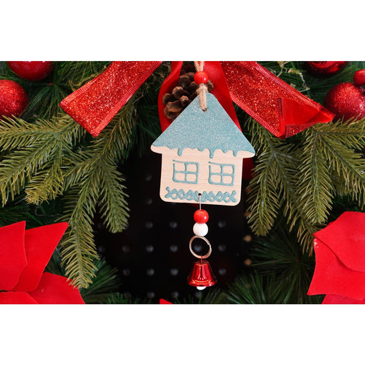 Ornament de Brad Casuta, Decoratiune de Craciun Suspendata cu Agatatoare, Lemn Natural, 18 x 9 cm, Multicolor