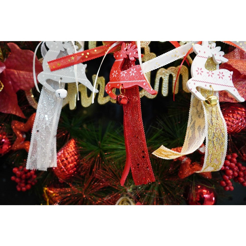 Ornament Brad Craciun sub Forma de Ren, Decoratiune Festiva cu Clopotel, Lemn si Textil, Rosu, 25 cm