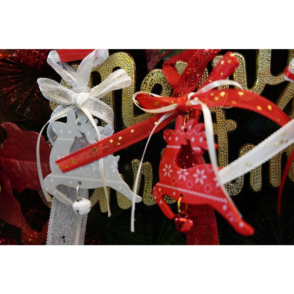 Ornament Brad Craciun sub Forma de Ren, Decoratiune Festiva cu Clopotel, Lemn si Textil, Rosu, 25 cm