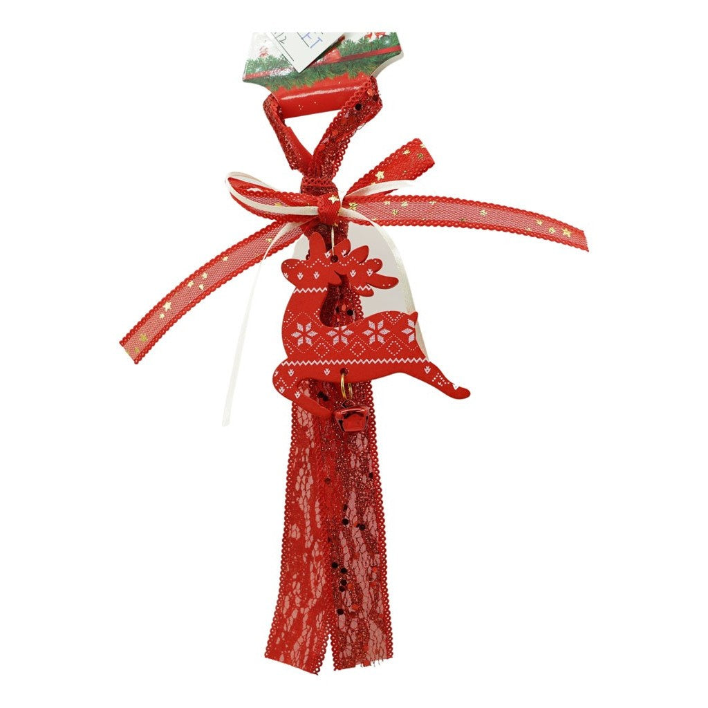 Ornament Brad Craciun sub Forma de Ren, Decoratiune Festiva cu Clopotel, Lemn si Textil, Rosu, 25 cm