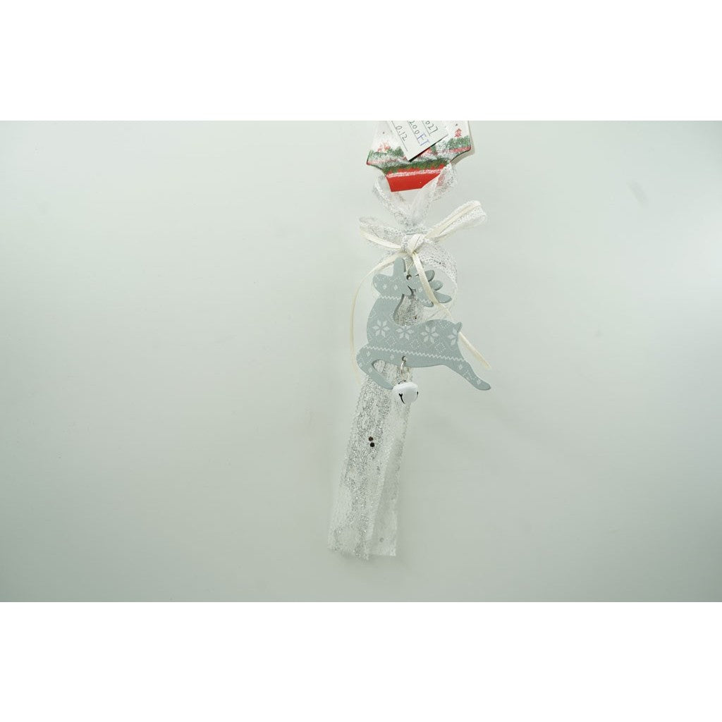 Ornament Craciun Ren cu Clopotel, Decoratiune Suspendabila pentru Brad, Lemn si Textil, 25 cm, Gri si Alb