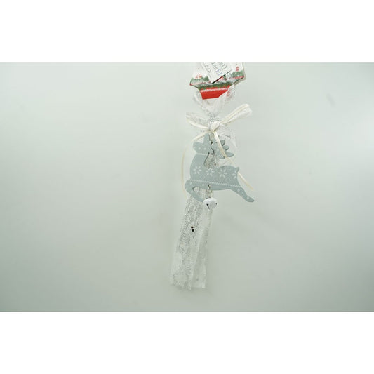 Ornament Craciun Ren cu Clopotel, Decoratiune Suspendabila pentru Brad, Lemn si Textil, 25 cm, Gri si Alb