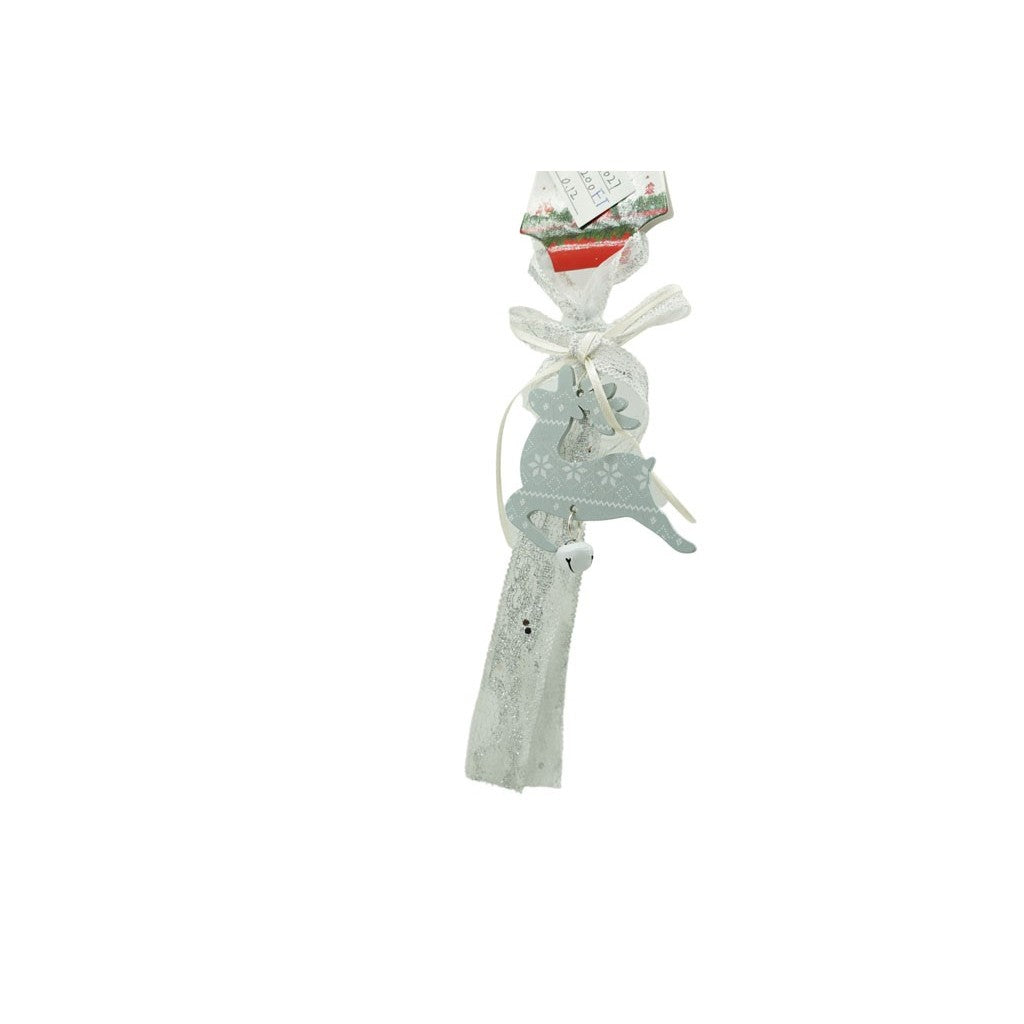 Ornament Craciun Ren cu Clopotel, Decoratiune Suspendabila pentru Brad, Lemn si Textil, 25 cm, Gri si Alb