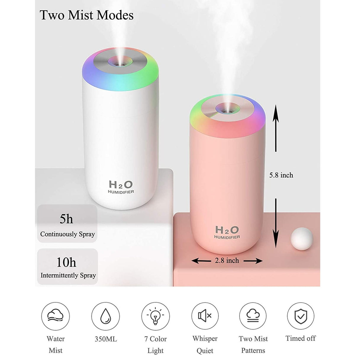 H2O Umidificator Portabil cu Ultrasunete, Difuzor de Aroma si Pulverizare Rece, Silentios, Lumina de Noapte LED 7 Culori, Alimentare USB, Plastic, 350 ml, Roz