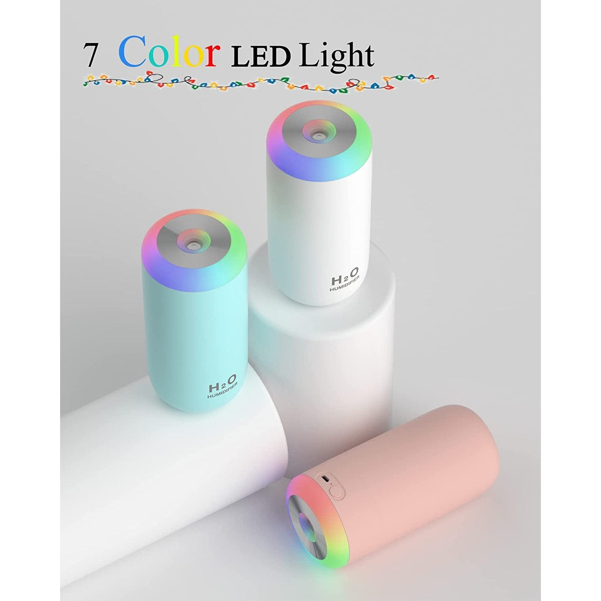 H2O Umidificator Portabil cu Ultrasunete, Difuzor de Aroma si Pulverizare Rece, Silentios, Lumina de Noapte LED 7 Culori, Alimentare USB, Plastic, 350 ml, Roz