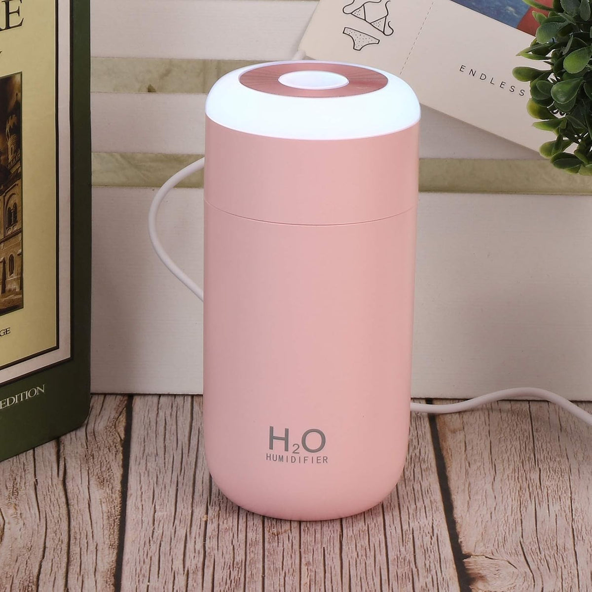 H2O Umidificator Portabil cu Ultrasunete, Difuzor de Aroma si Pulverizare Rece, Silentios, Lumina de Noapte LED 7 Culori, Alimentare USB, Plastic, 350 ml, Roz