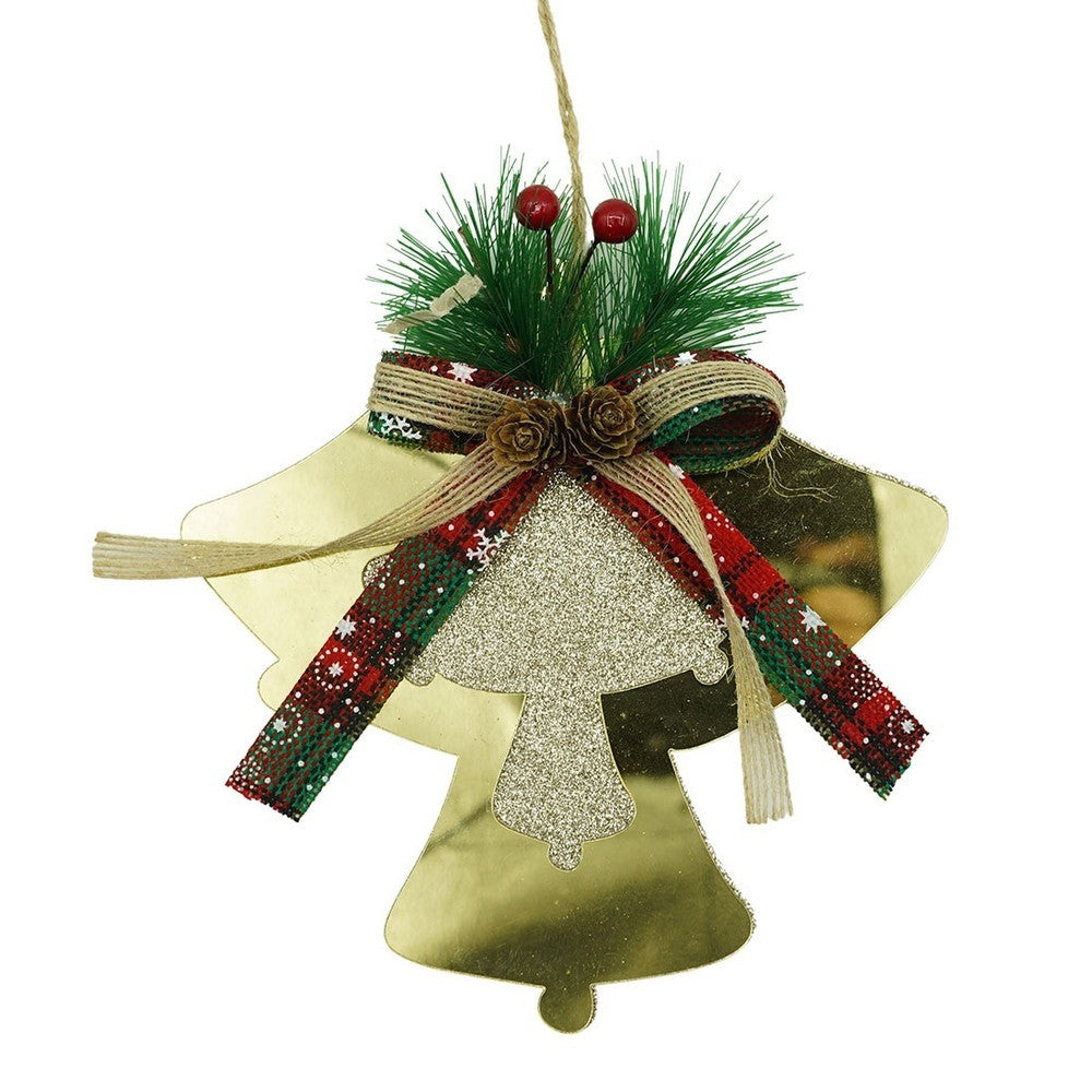 Ornament Brad Crăciun, Clopoței Dubli Cu Fundă, Acril Rezistent, Interior și Exterior, Auriu Lucios, 16 x 17 cm