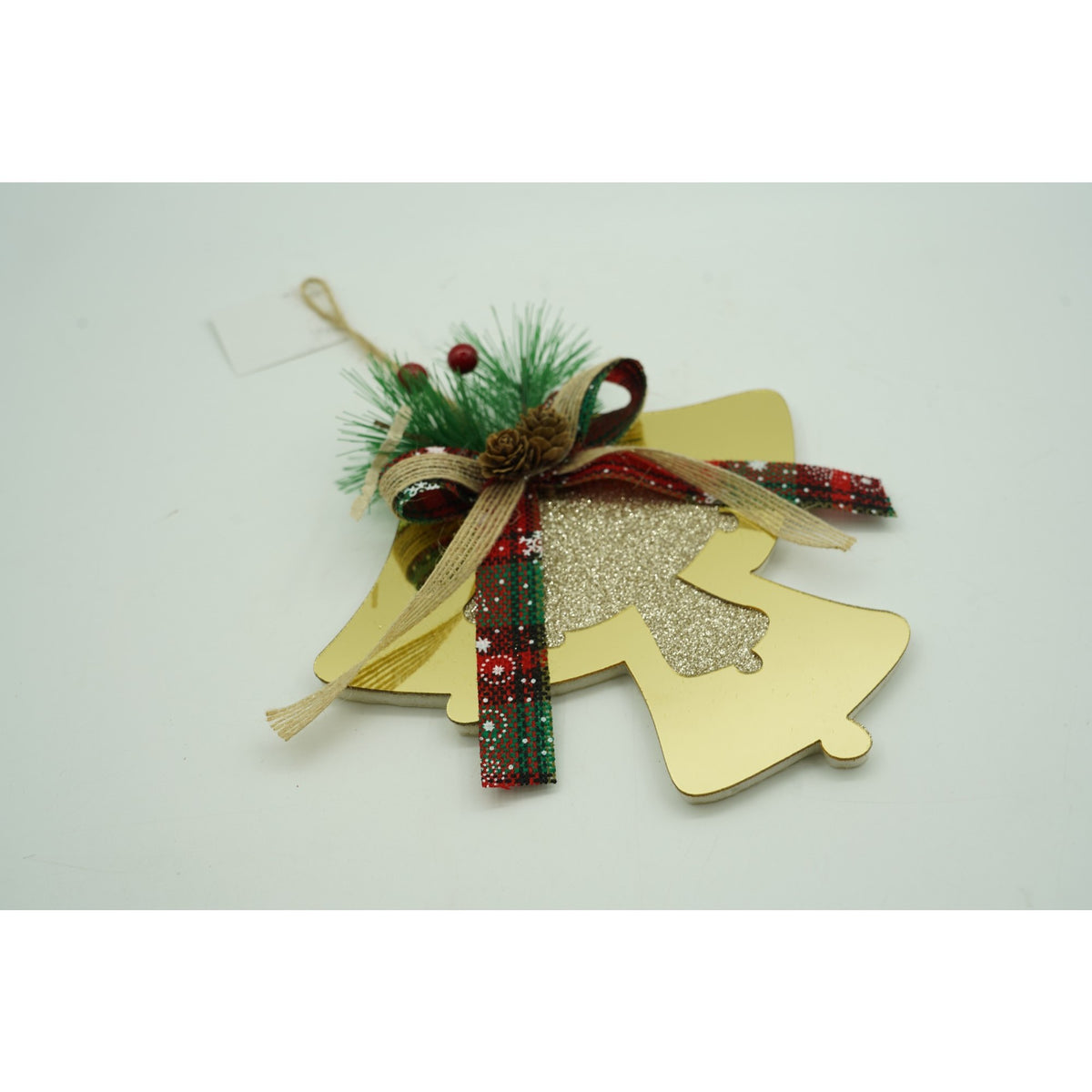 Ornament Brad Crăciun, Clopoței Dubli Cu Fundă, Acril Rezistent, Interior și Exterior, Auriu Lucios, 16 x 17 cm