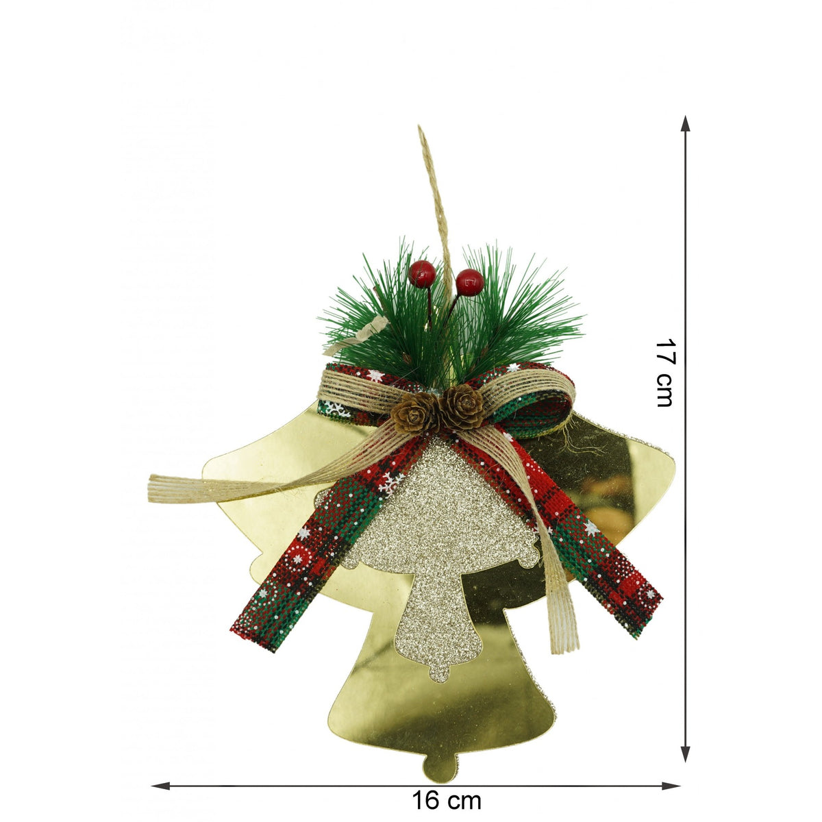 Ornament Brad Crăciun, Clopoței Dubli Cu Fundă, Acril Rezistent, Interior și Exterior, Auriu Lucios, 16 x 17 cm