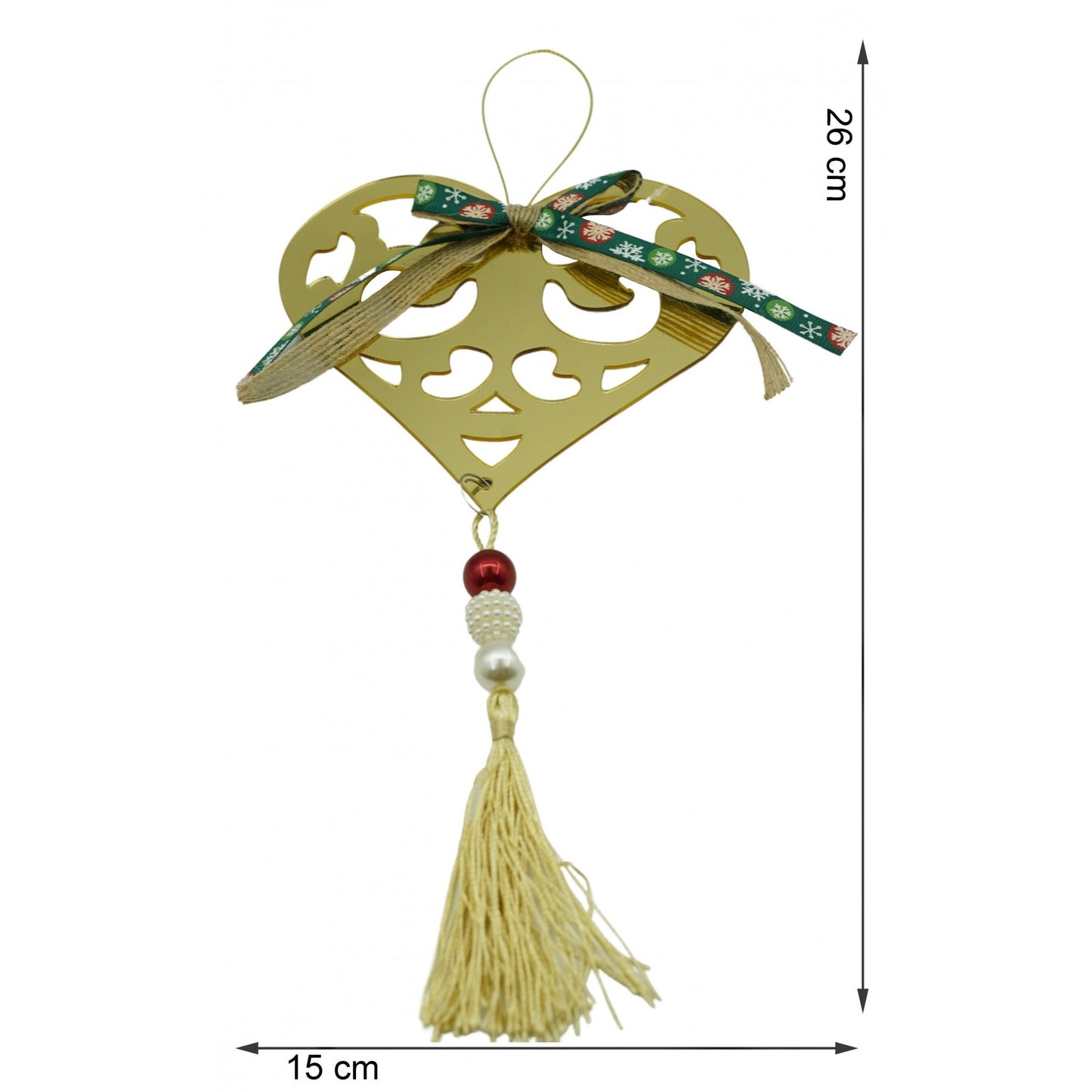 Ornament Brad Crăciun în Formă de Inimă, Finisaj Auriu Lucios, Decoratiune Suspendabilă Interior și Exterior, Acril, 15 x 26 cm