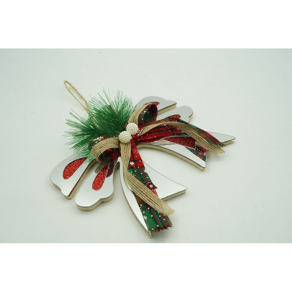 Ornament Brad Crăciun, Fundă Decorativă Argintie, Finisaj Lucios, Acril, Rezistent Interior și Exterior, 14 x 15 cm
