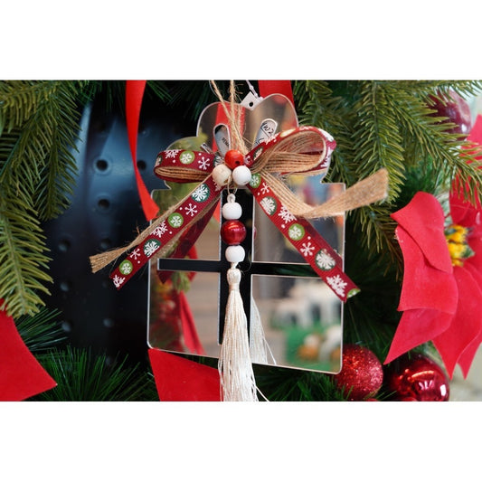 Ornament Crăciun Brad, Formă Cadou, Finisaj Argintiu Lucios, Acril Rezistent, Interior și Exterior, 14 x 26 cm