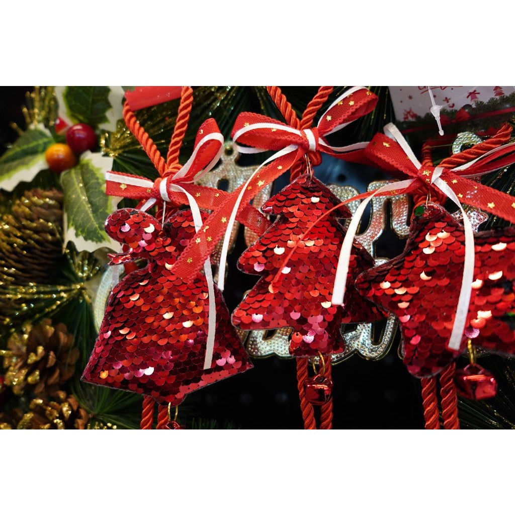 Ornament Brad Craciun sub Forma de Pom, Decoratiune Suspendata cu Paiete si Clopotel, Lemn, Rosu, 18 x 9.5 cm
