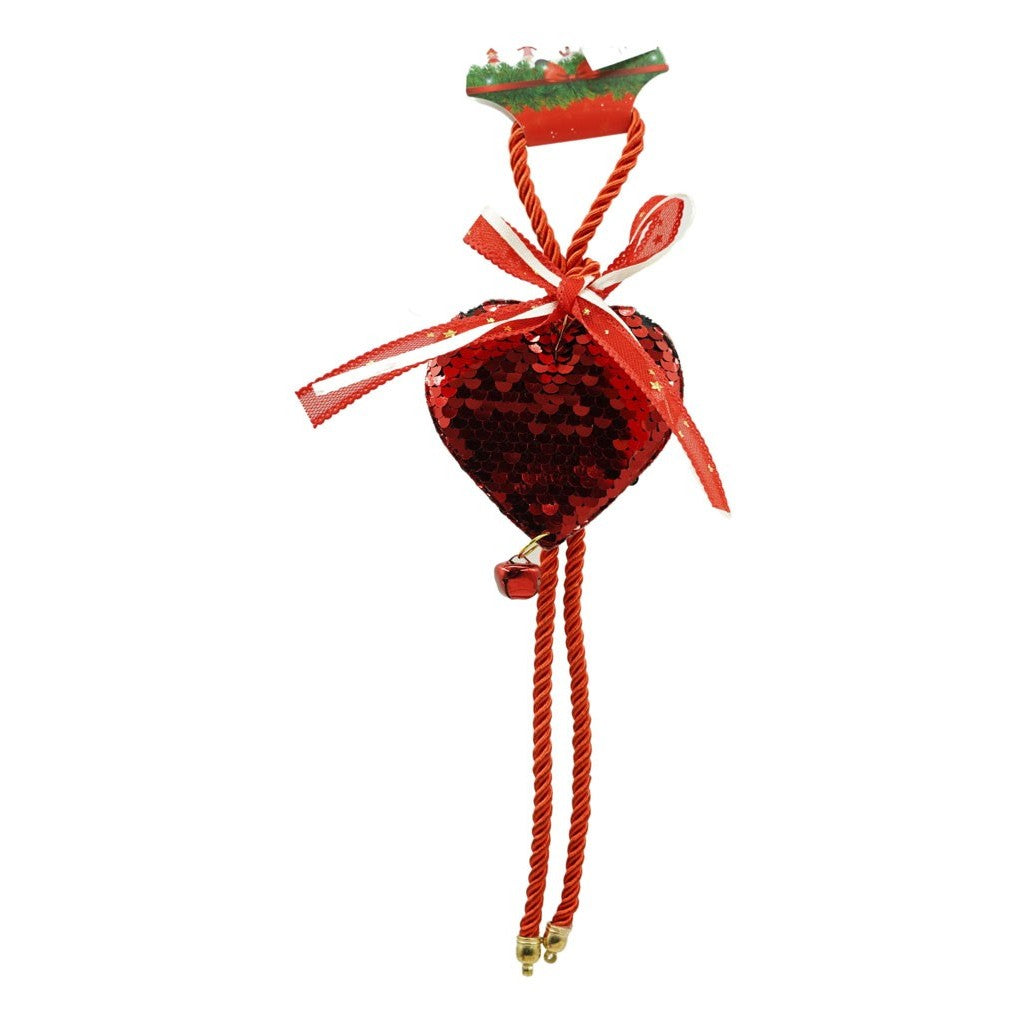Ornament de Brad Inima cu Paiete, Decoratiune Craciun cu Agatatoare si Clopotel, Lemn, 18 x 9.5 cm, Rosu