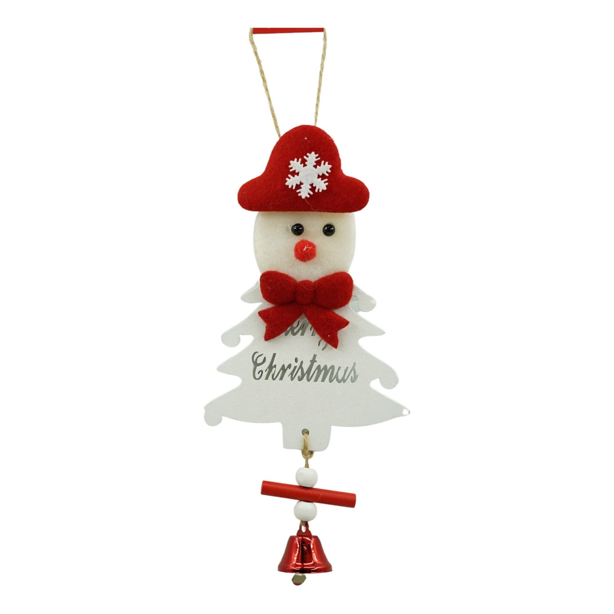 Ornament De Brad Om De Zapada, Decoratiune Craciun Cu Clopotel Si Paiete, Lemn, Alb, 20 x 8 cm