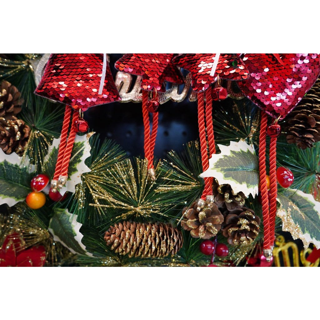 Decoratiune Brad Craciun Stea cu Paiete si Clopotel, Ornament de Agatat, Lemn, Rosu, 18 x 9.5 cm