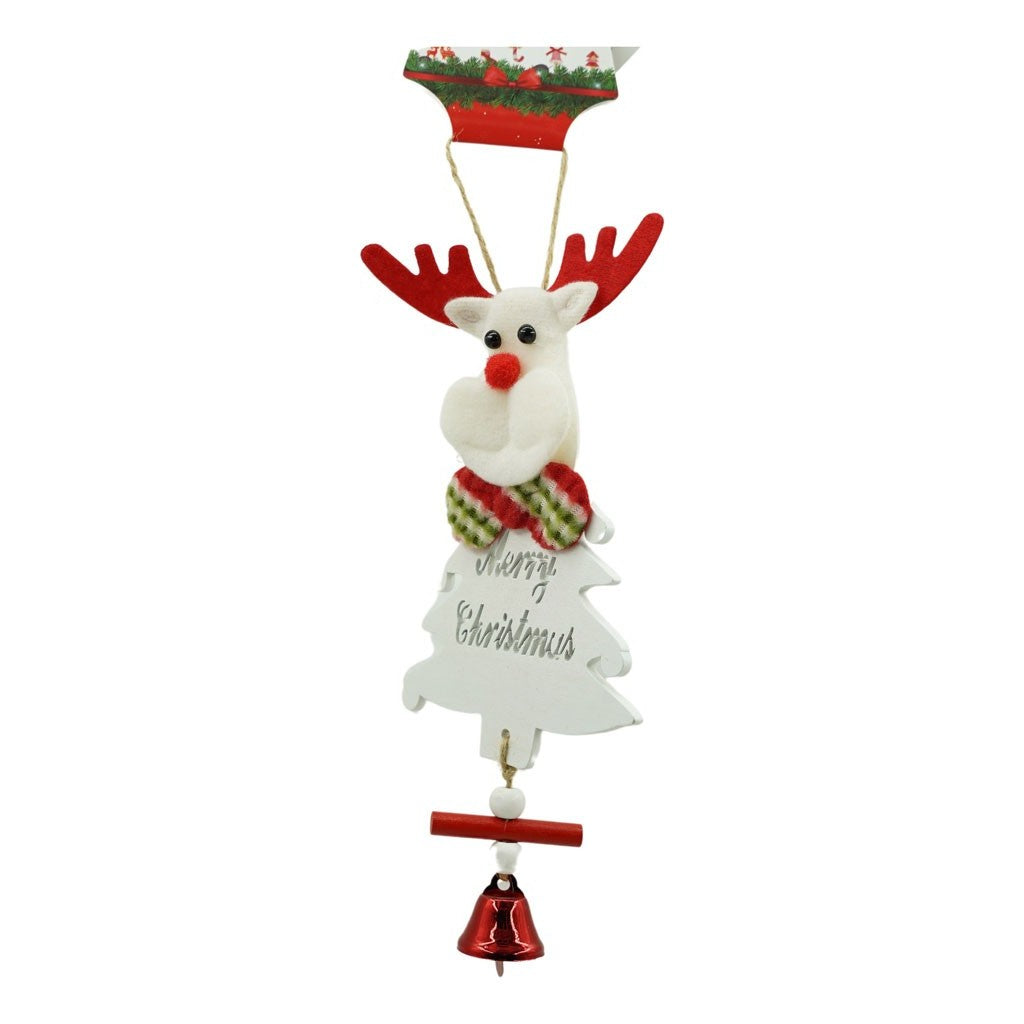 Decoratiune Brad Craciun Om de Zapada cu Clopotel si Paiete, Ornament Suspendabil, Lemn, Alb, 20 x 8 cm