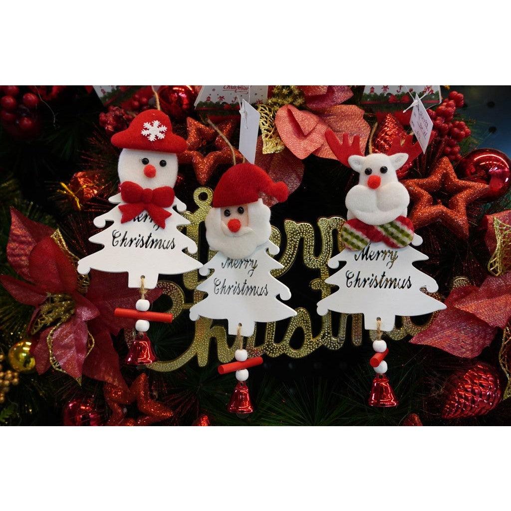 Ornament Brad Mos Craciun, Decoratiune Suspendata cu Clopotel si Paiete, Lemn, Alb, 20 x 8 cm