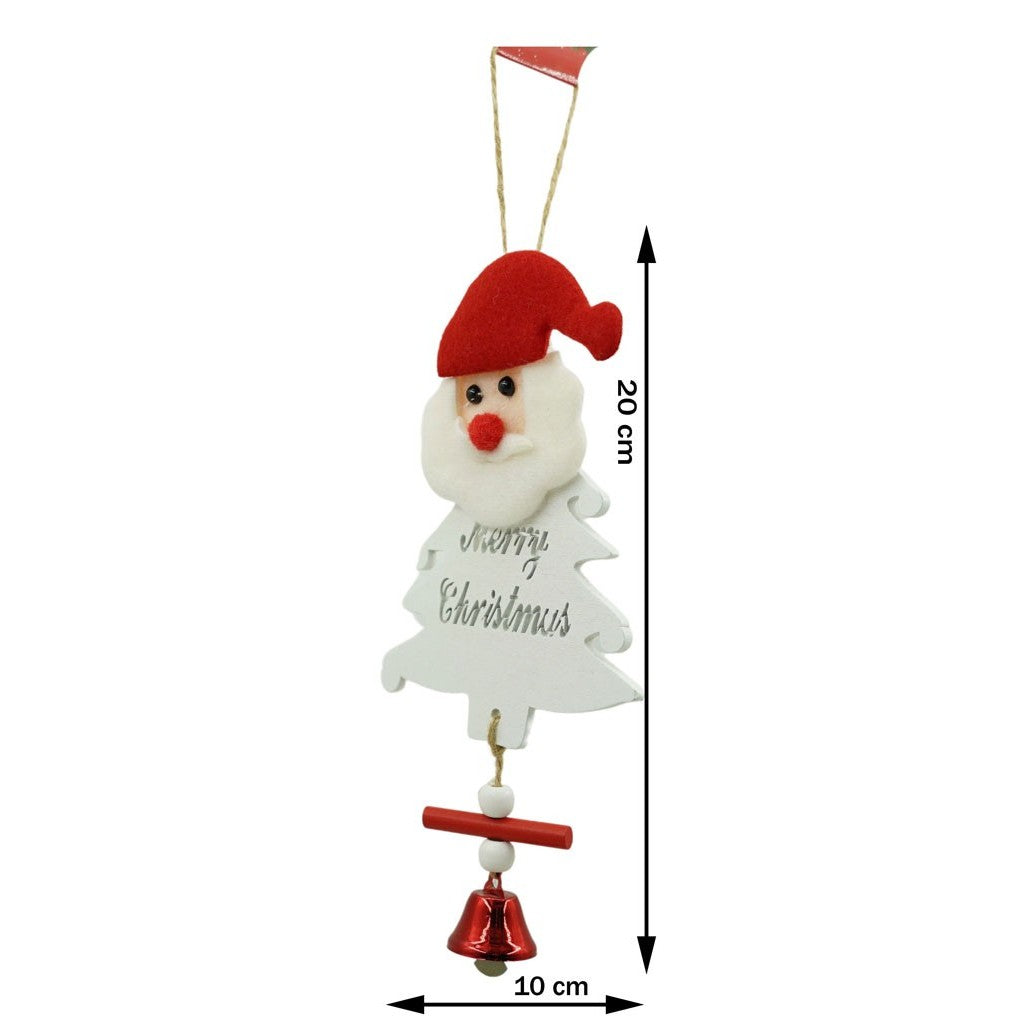 Ornament Brad Mos Craciun, Decoratiune Suspendata cu Clopotel si Paiete, Lemn, Alb, 20 x 8 cm