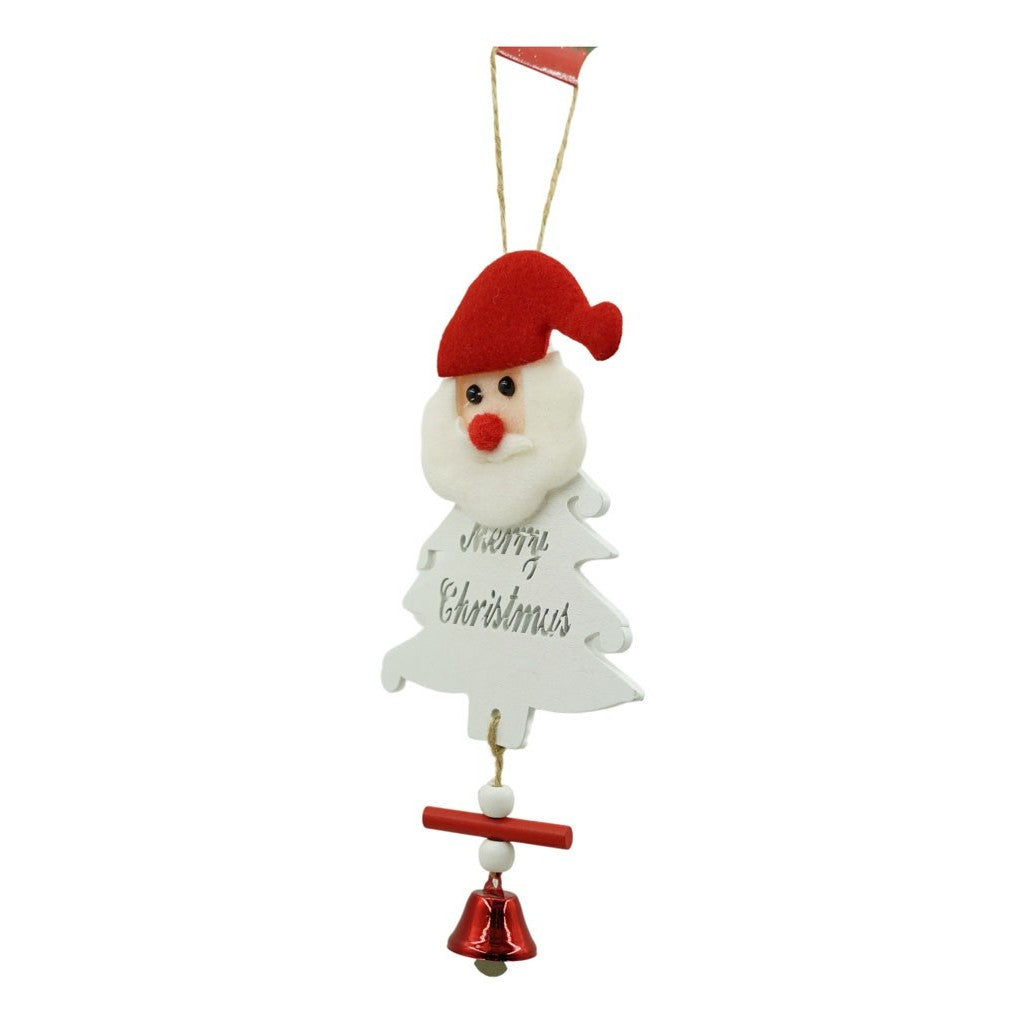 Ornament Brad Mos Craciun, Decoratiune Suspendata cu Clopotel si Paiete, Lemn, Alb, 20 x 8 cm