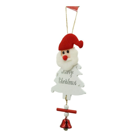 Ornament Brad Mos Craciun, Decoratiune Suspendata cu Clopotel si Paiete, Lemn, Alb, 20 x 8 cm