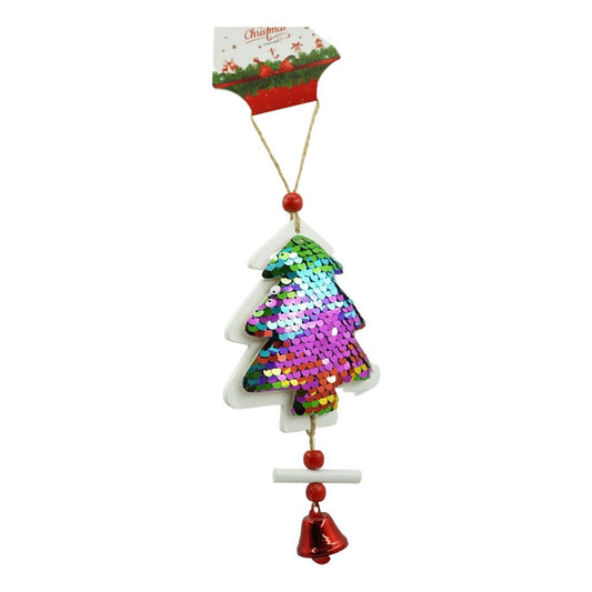 Ornament Brad Craciun, Decoratiune Suspendabila Tip Pom, Detalii Paiete si Clopotel, Lemn, Multicolor, 18 x 9.5 cm