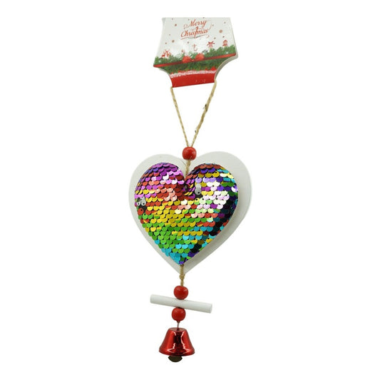 Ornament De Crăciun În Formă De Inimă Cu Paiete Și Clopoțel, Decorațiune Suspendabilă Pentru Brad, Lemn, Multicolor, 18 x 9.5 cm