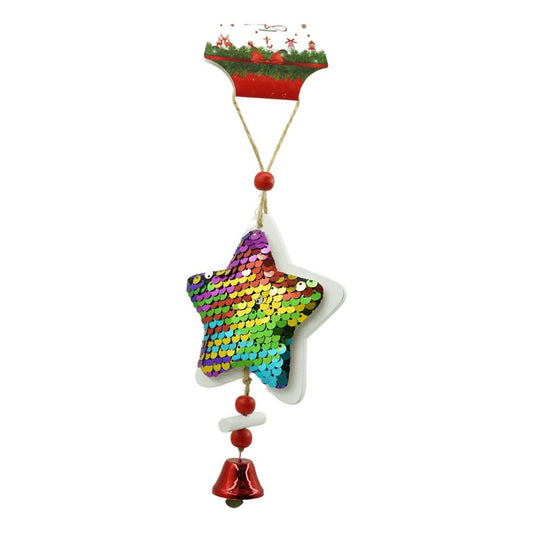 Ornament Brad Craciun Tip Stea, Decoratiune Suspendata cu Paiete si Clopotel, Lemn, Multicolor, 18 x 9.5 cm