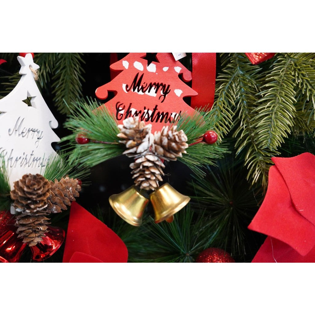 Ornament Brad Craciun, Decoratiune Suspendata cu Clopotel si Paiete, Lemn, Rosu, 36 x 9.5 cm