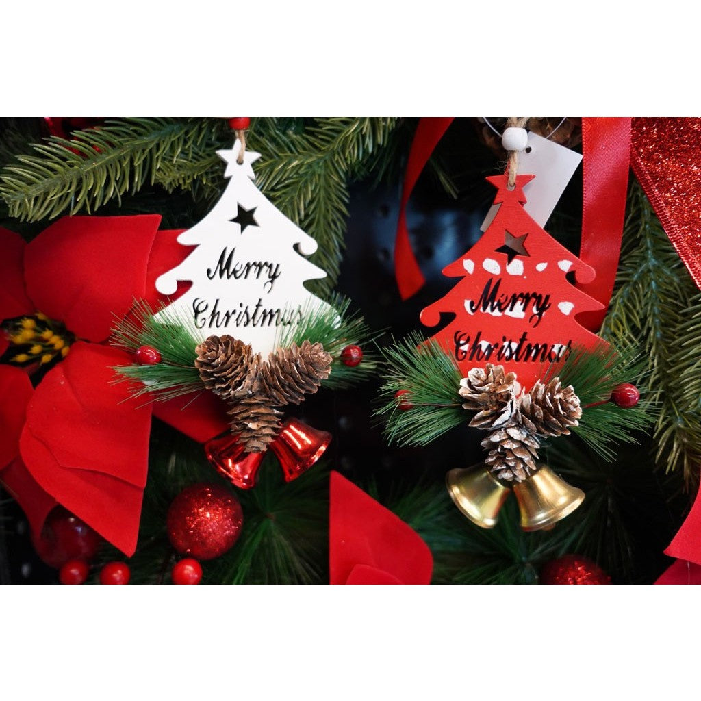 Ornament Brad Craciun, Decoratiune Suspendata cu Clopotel si Paiete, Lemn, Rosu, 36 x 9.5 cm