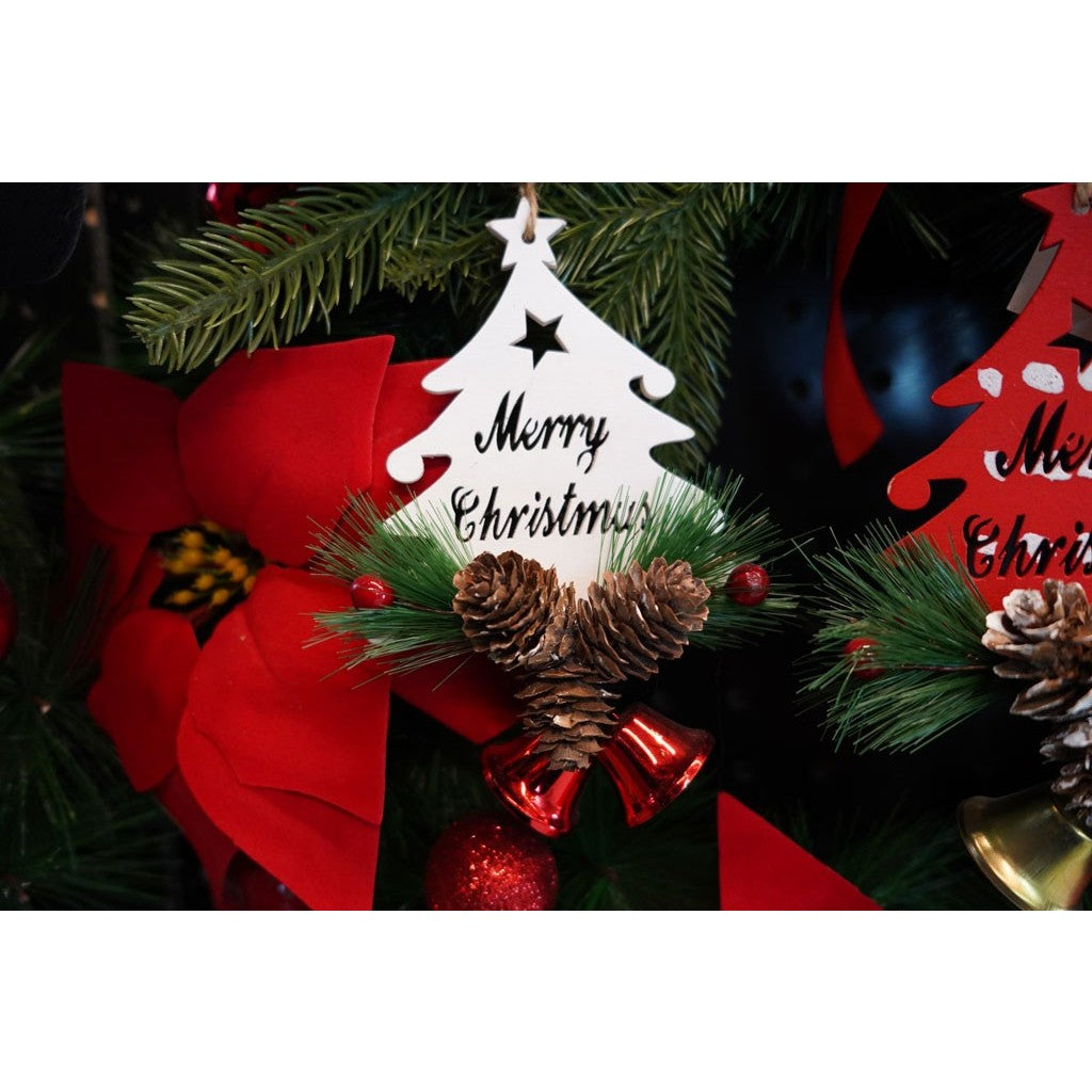 Ornament Brad Craciun, Decoratiune Suspendata cu Clopotel si Paiete, Lemn, Rosu, 36 x 9.5 cm