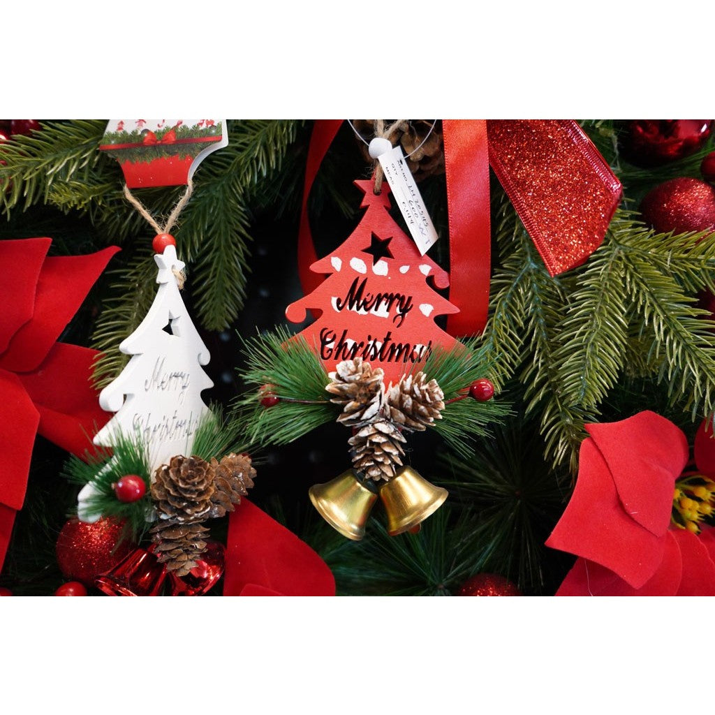 Ornament Brad Craciun, Decoratiune Suspendata cu Clopotel si Paiete, Lemn, Rosu, 36 x 9.5 cm