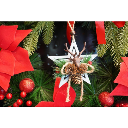 Ornament De Brad Stea Cu Cerb, Decoratiune De Craciun Suspendata, Lemn, Multicolor, 13 x 15 cm