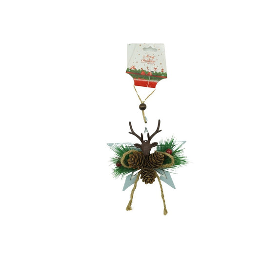 Ornament De Brad Stea Cu Cerb, Decoratiune De Craciun Suspendata, Lemn, Multicolor, 13 x 15 cm